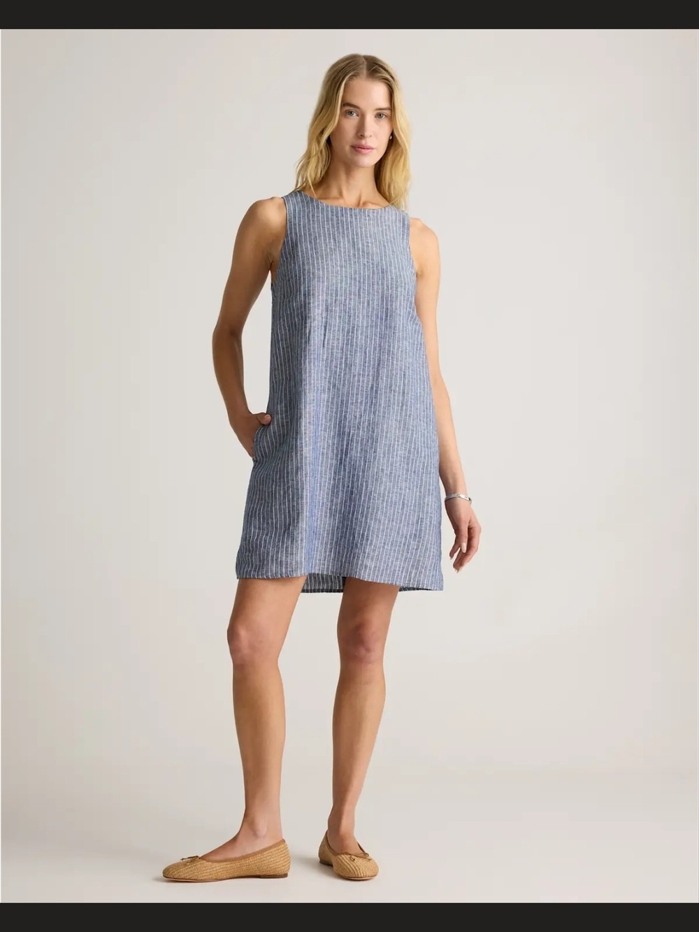 European Linen Sleeveless Blue Striped Shift Dress